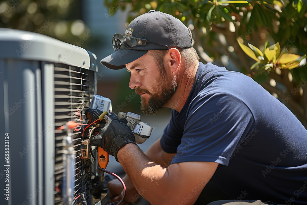 Stock photo of a man repairing AC